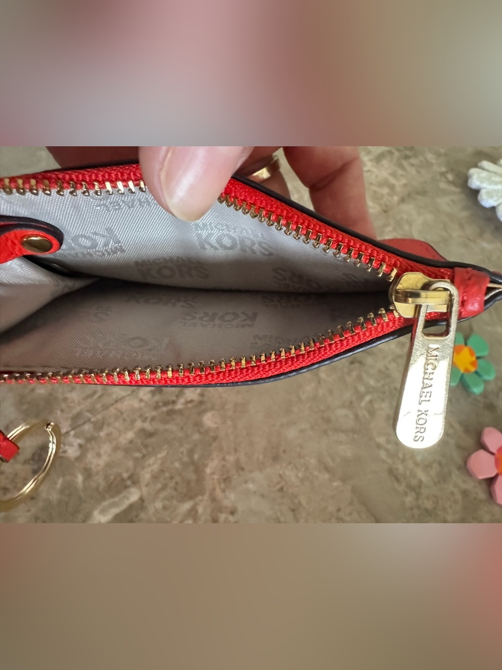 Michael Kors Red Pebbled Leather Key Card Holder with Gold MK Emblem - Picture 6 of 7